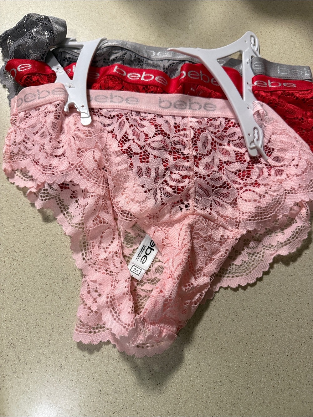 bebe Lace Hipster Panties Trio - Pink, Red, Gray